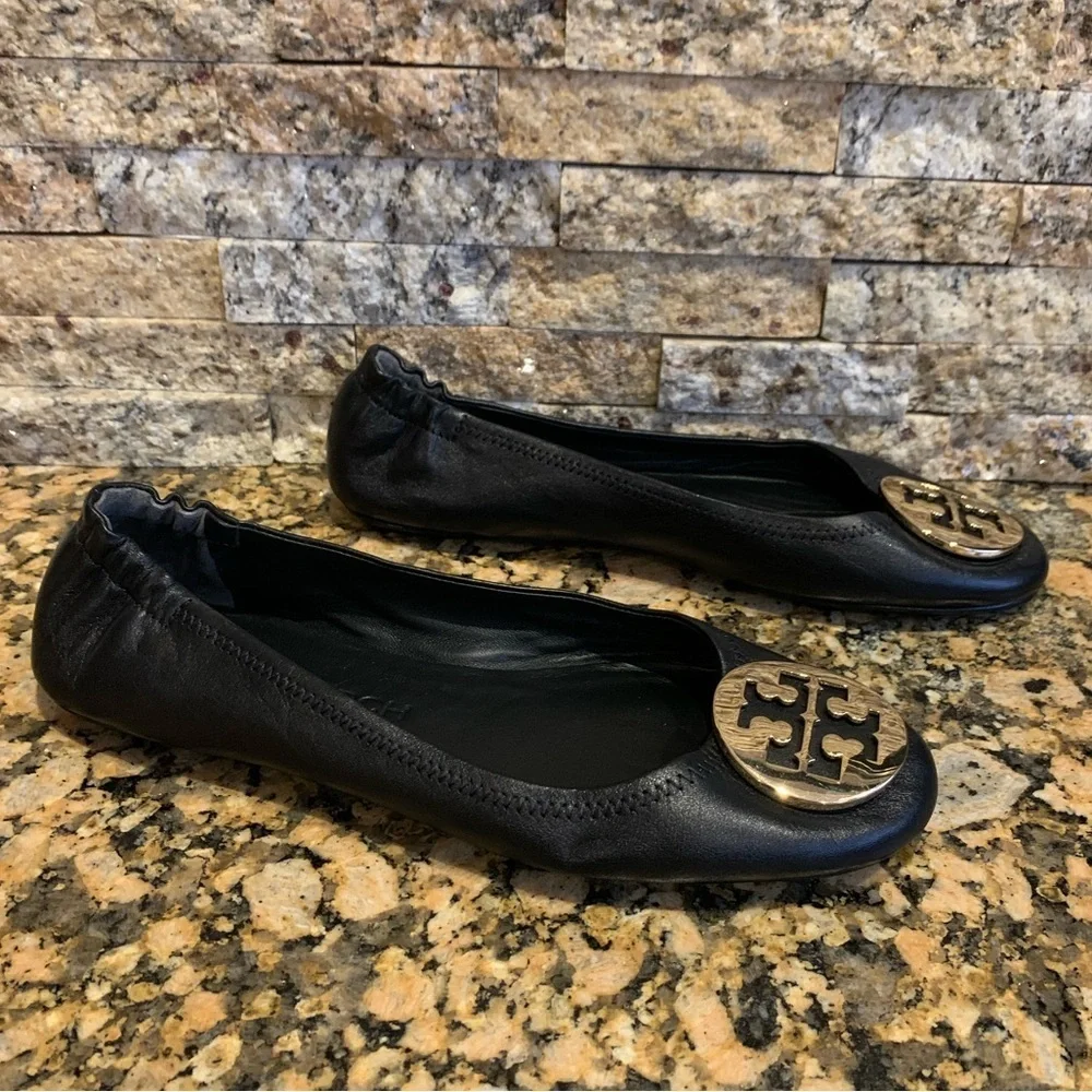 Tory Burch Minnie Travel Medallion Ballet Leather Flat Black Gold